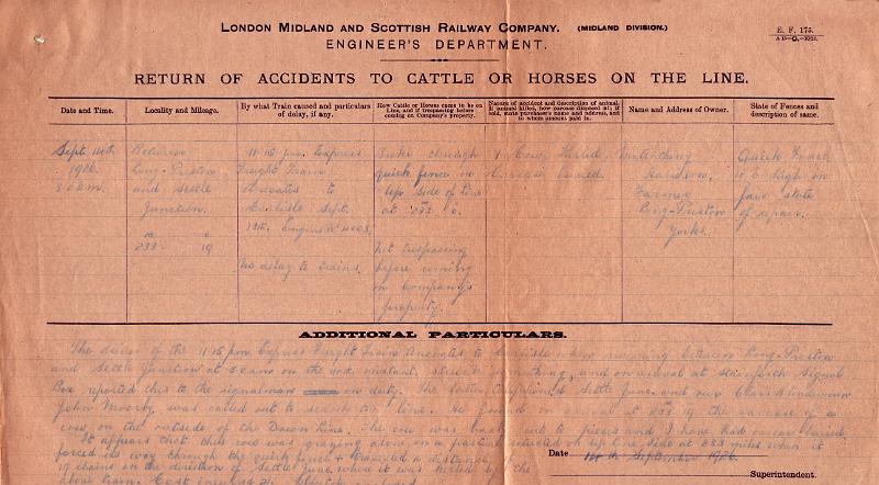 Cow Killed 2.jpg - Accident Return Form - Cow killed on line Sept 14th 1926